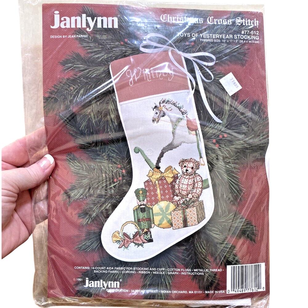 1991 JANLYNN Toys of Yesteryear Christmas Stocking Counted Cross Stitch Kit NEW